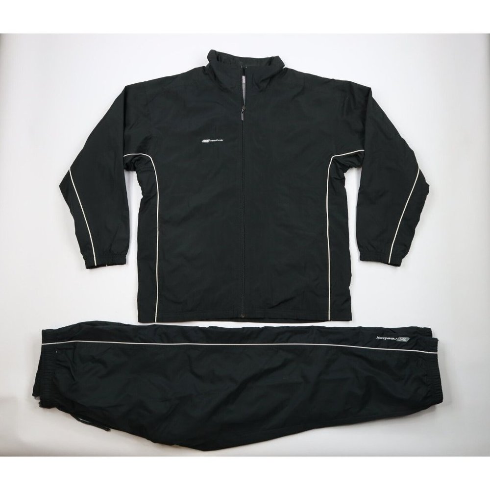 Vintage Reebok Mens Large Spell Out Lined 2 Piece Windbreaker Track Suit Black